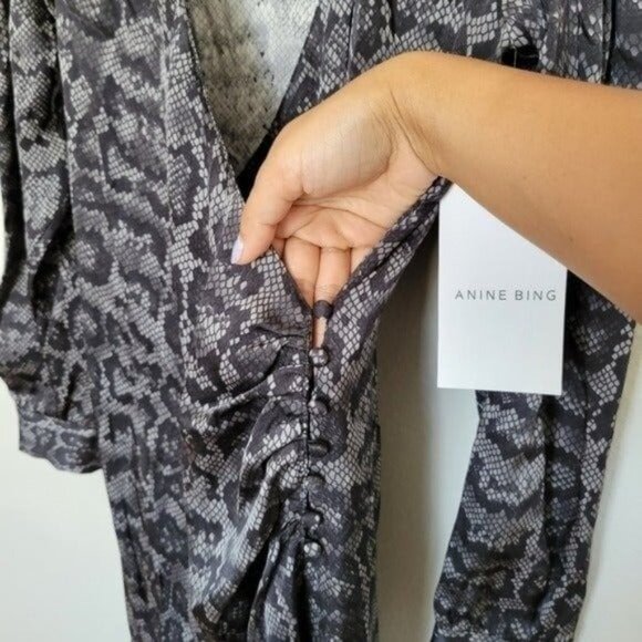 ANINE BING Penelope Long-Sleeve Silk Grey Python Print Mini Wrap Dress Size S - Picture 4 of 12